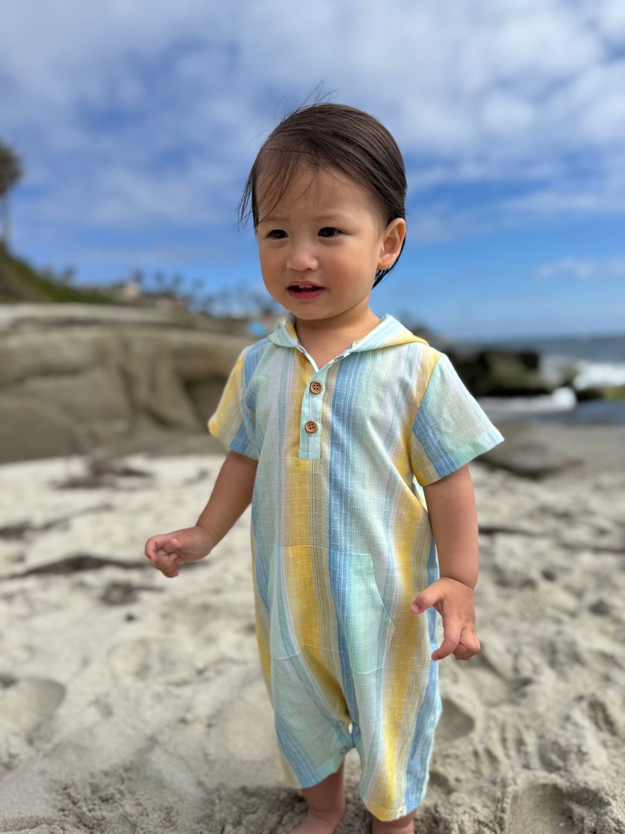 NEWLYN hooded woven romper - Lemon/blue stripe