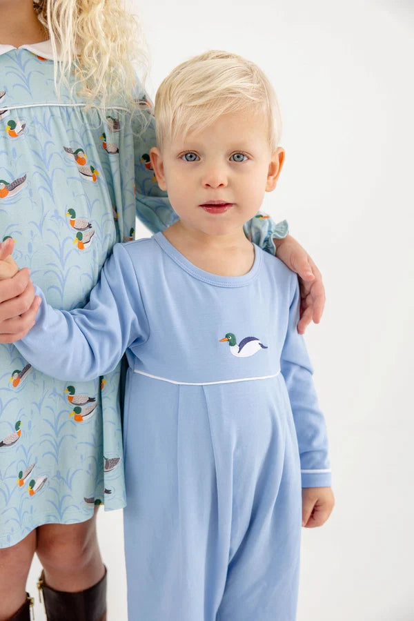 Long Sleeve Bradford Romper (Sarasota Sky & Worth Avenue White with Duck Embroidery)