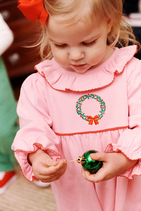 Long Sleeve Ramona Ruffle Romper - Hamptons Hot Pink with Wreath Embroidery