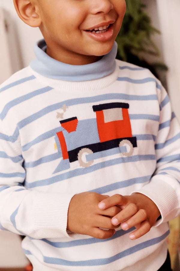 Isaac's Intarsia Sweater - Barrington Blue Stripe with Train
