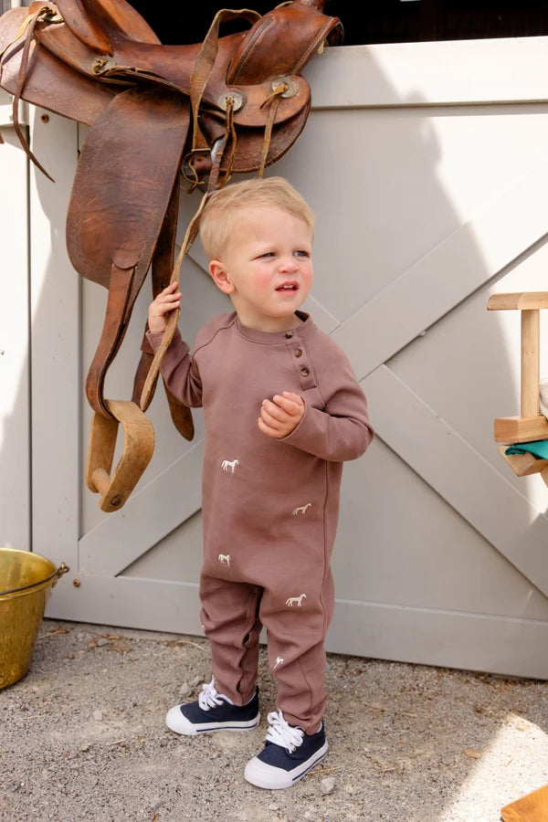 Rayburn Romper (Gray Bay Brown with Horse Embroidery)