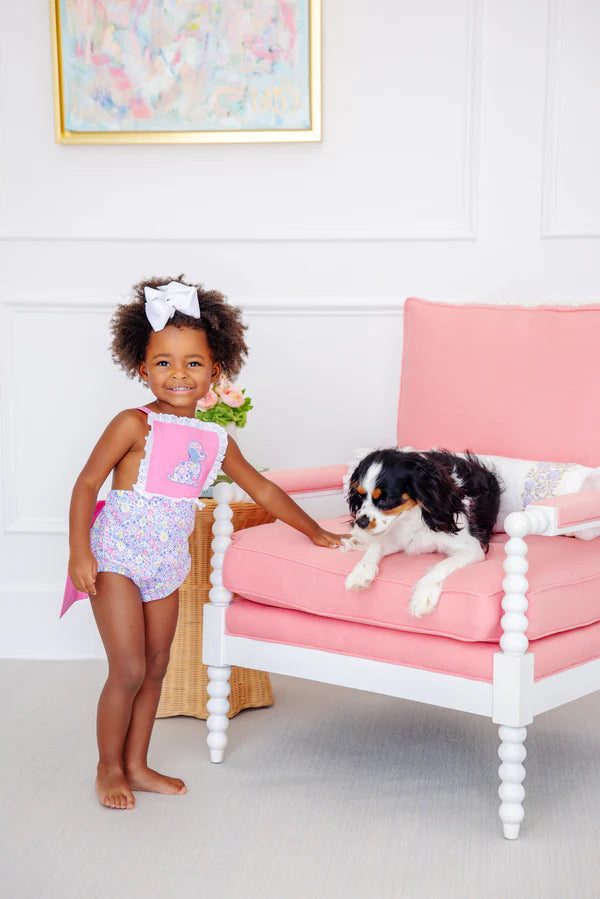Sally Sunsuit - Briar Patch Petals with Hamptons Hot Pink & Dog Applique