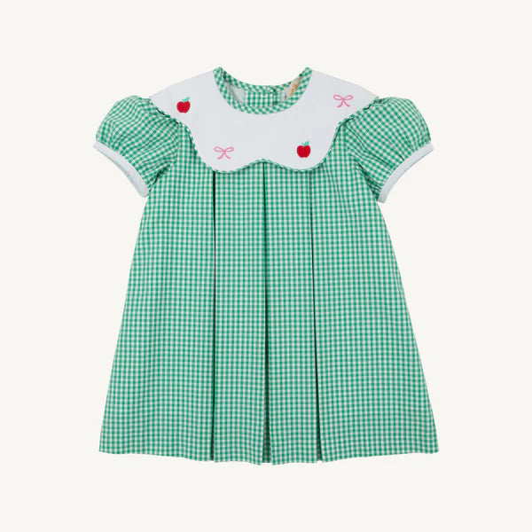 Frenchy Frock - Gibson Island Green Mini Gingham with Apple & Bow Embroidery