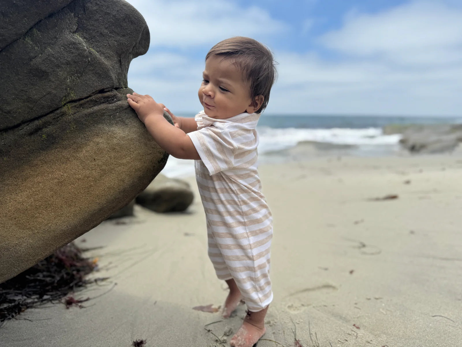 DRIFT BEIGE/WHITE STRIPE Polo Romper