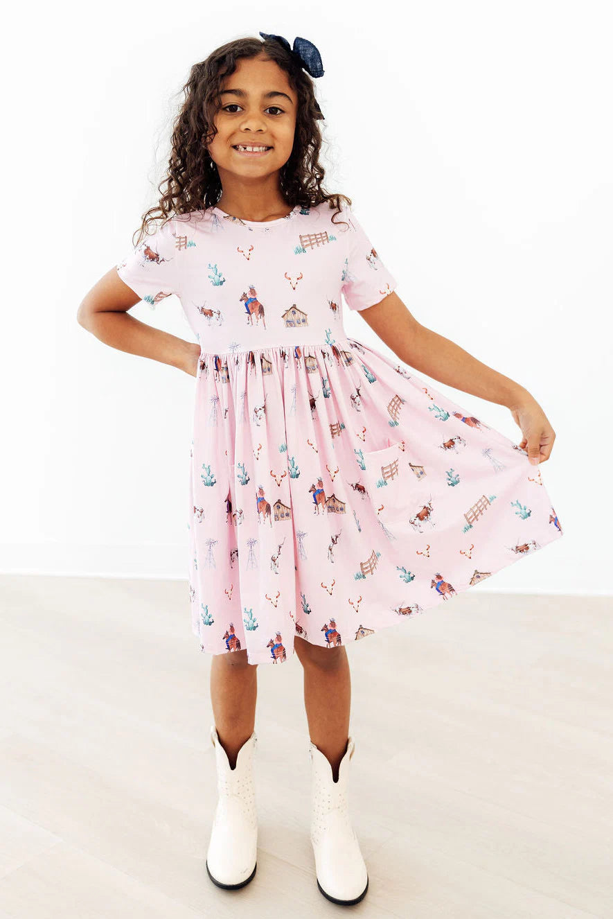 PINK RANCH HAND S/S POCKET TWIRL DRESS