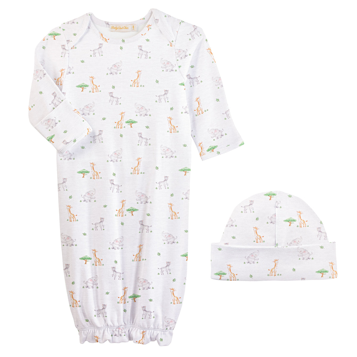 tiny safari printed pima gown & hat set
