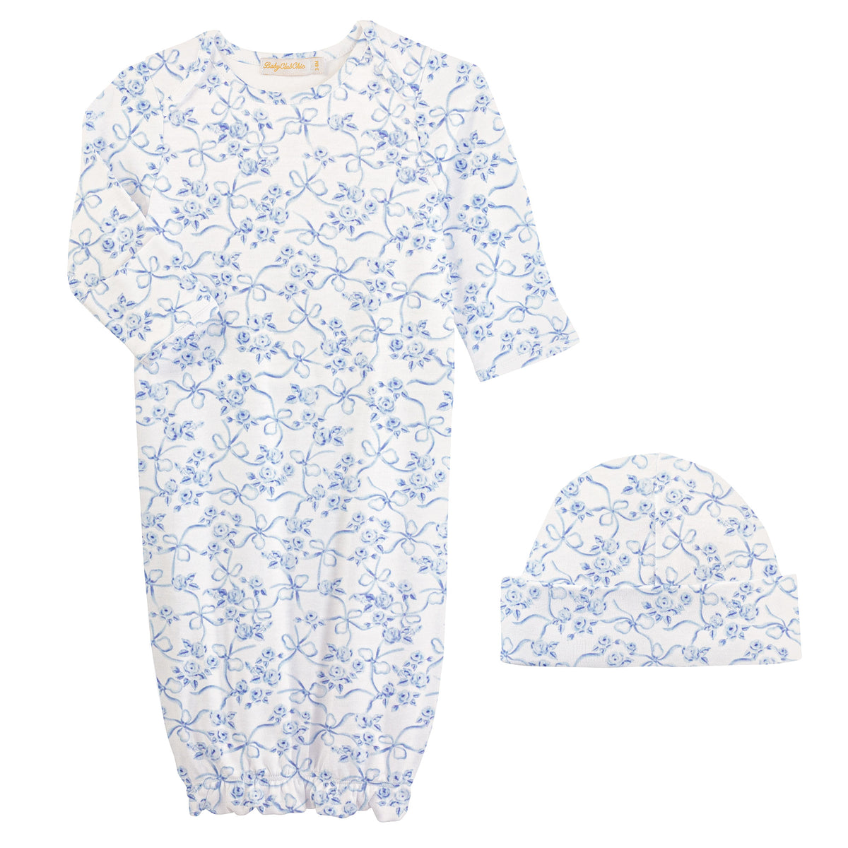 blue romantic toile printed pima gown & hat set