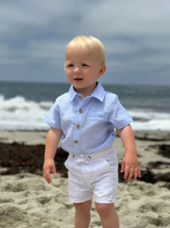 Pale blue seersucker HELFORD WOVEN ONESIE