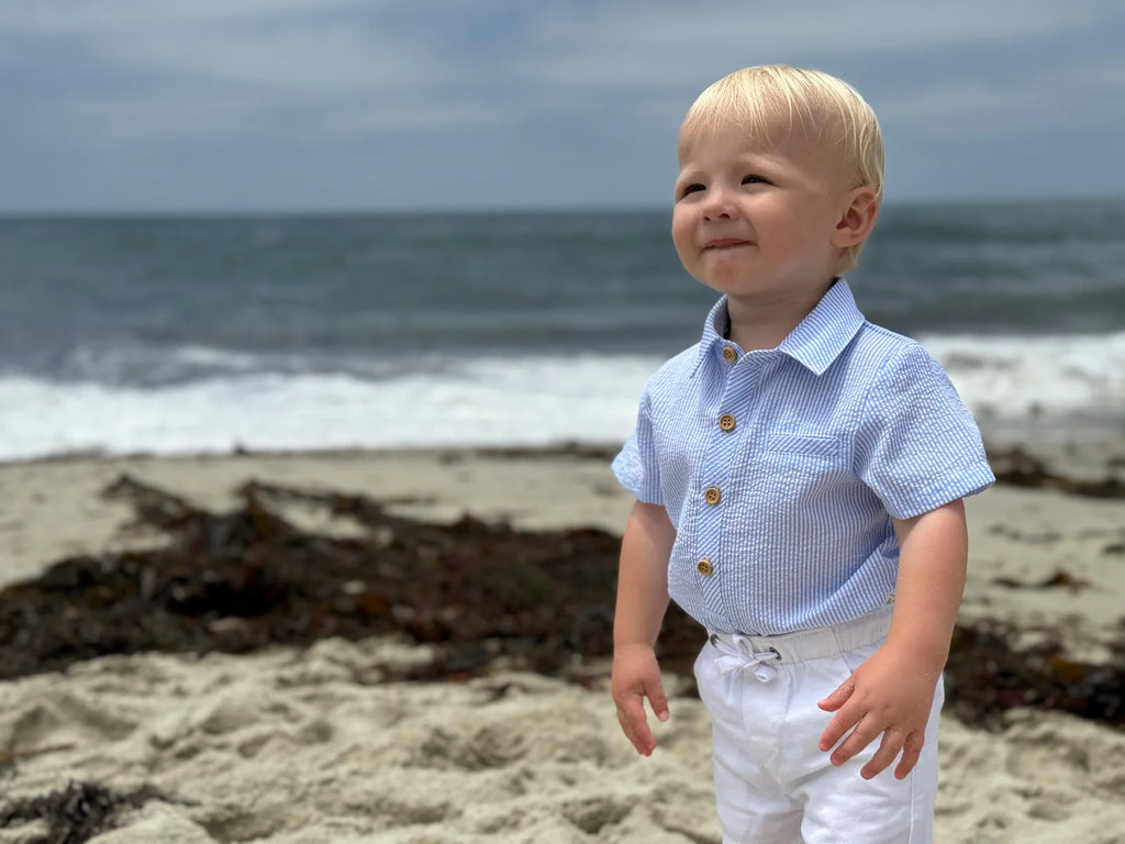 Pale blue seersucker HELFORD WOVEN ONESIE